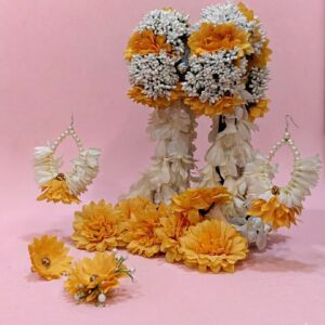 Exquisite Yellow & White Fresh Flower Bridal Jewellery Set | Pearl Jhumkas, Garland & Ring | Elanfloras Karachi